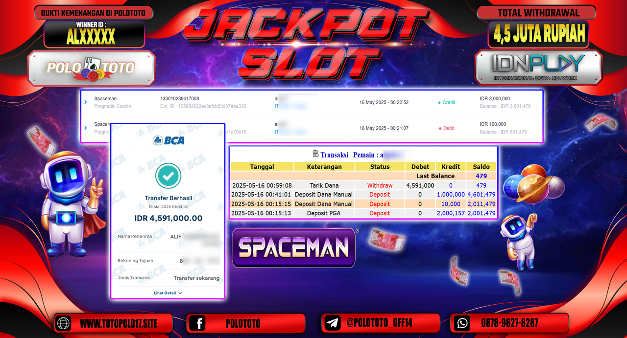 POLOTOTO JACKPOT SLOT SPACEMAN Rp.4.591.000,-