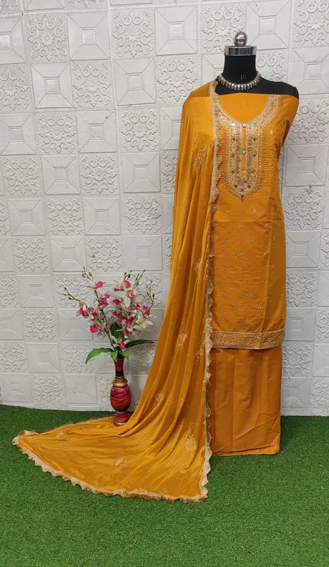 Mahek Sehnaz Women's Pure Cotton Embroidery Suits Color Mustard Pink (R220)