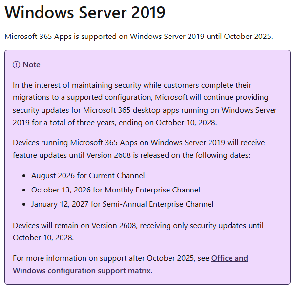 Microsoft 365 App-Updates Windows Server 2019