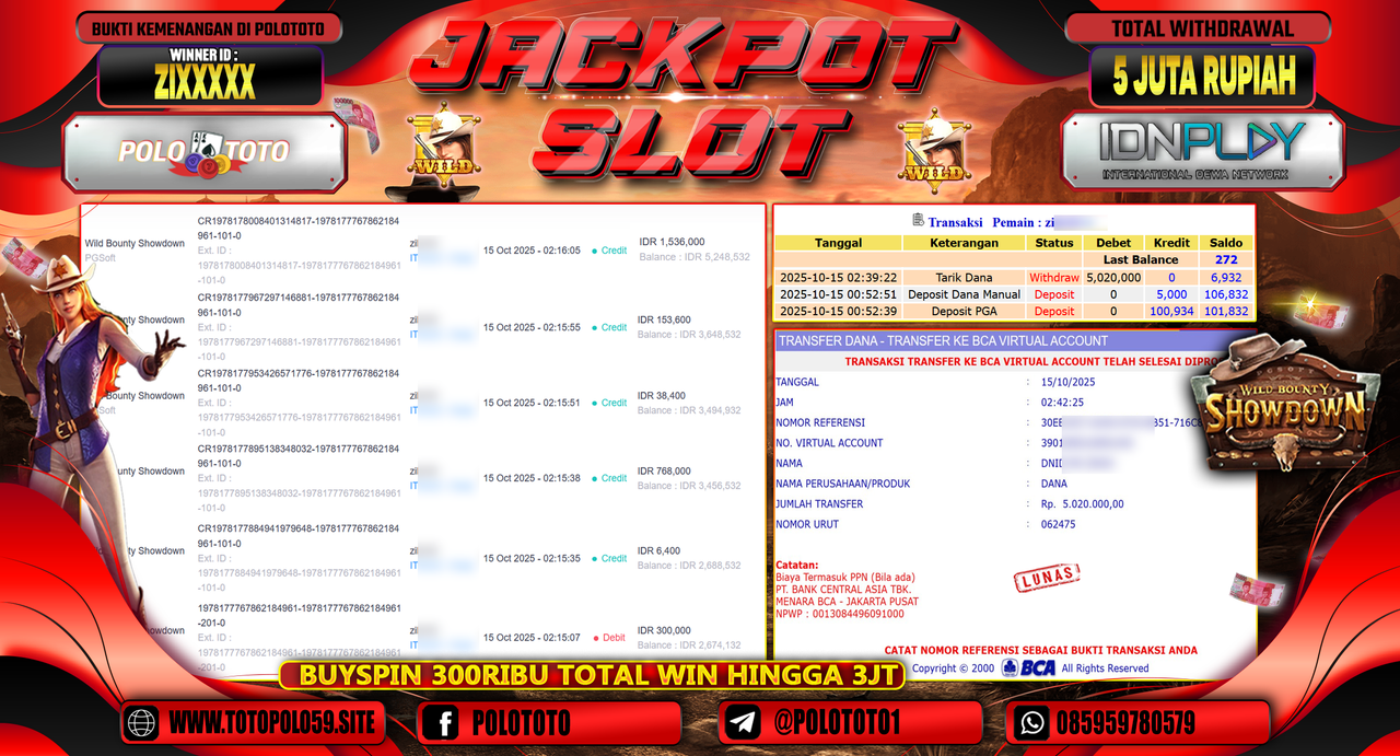 POLOTOTO JACKPOT SLOT WILD BOUNTHY SHOWDOWN Rp.5.000.000,- LUNAS