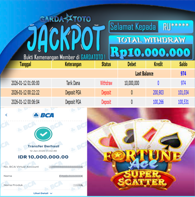 JACKPOT DI PERMAINAN SLOT PRAGMATIC PLAY Fortune Ace Super Scatter WD Rp 10.000.000,- DIBAYAR LUNAS GARDATOTO MANTAP!