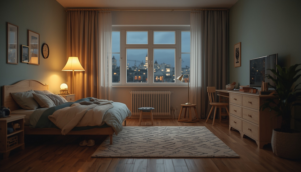 Вечерняя уютная детская комната с ковром как центральным элементом интерьера