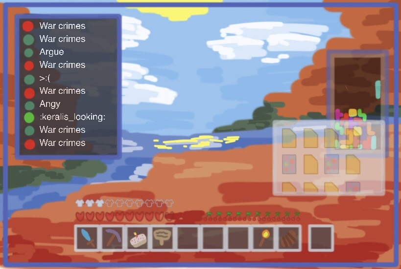 ref for what peaches ui/vision looks like normally, with all their lil tabs open n stuff lmaooo drawing of a red sandstone biome in minecraft, with the miencraft ui and multiple windows-style tabs overlayed on it