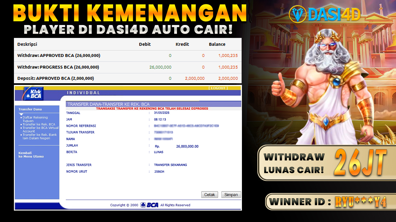 BUKTI KEMENANGAN 31 MEI 2025 DI GATES OF OLYMPUS WD 26 JUTA