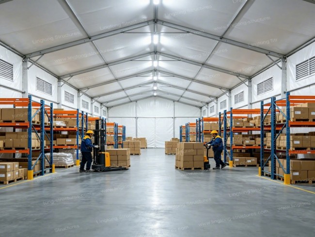 Lingtong warehousing tent used as logistics distribution center
