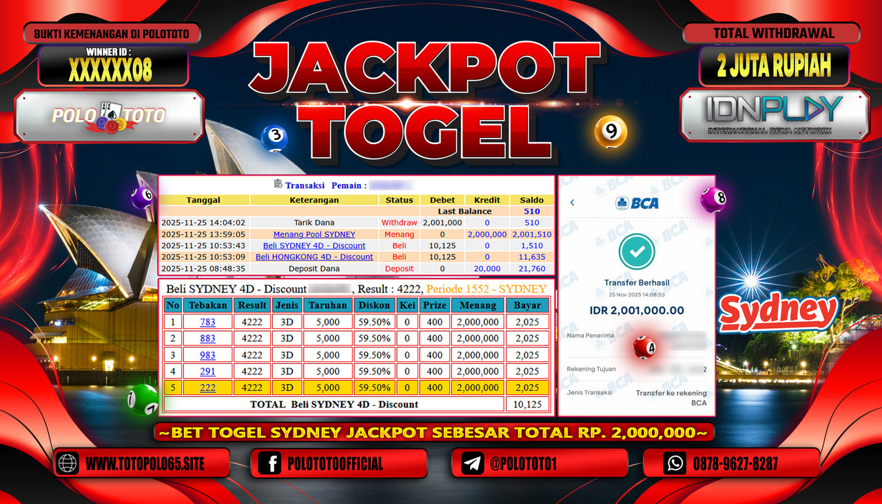 POLOTOTO JACKPOT TOGEL MENANG POOL SYDNEY Rp.2.000.000,- LUNAS