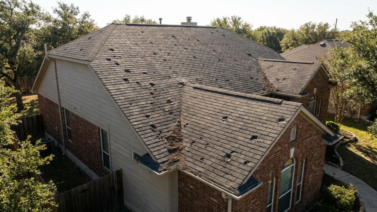 Hail damage on asphalt shingles — bruising and granule loss visible on San Antonio roof
