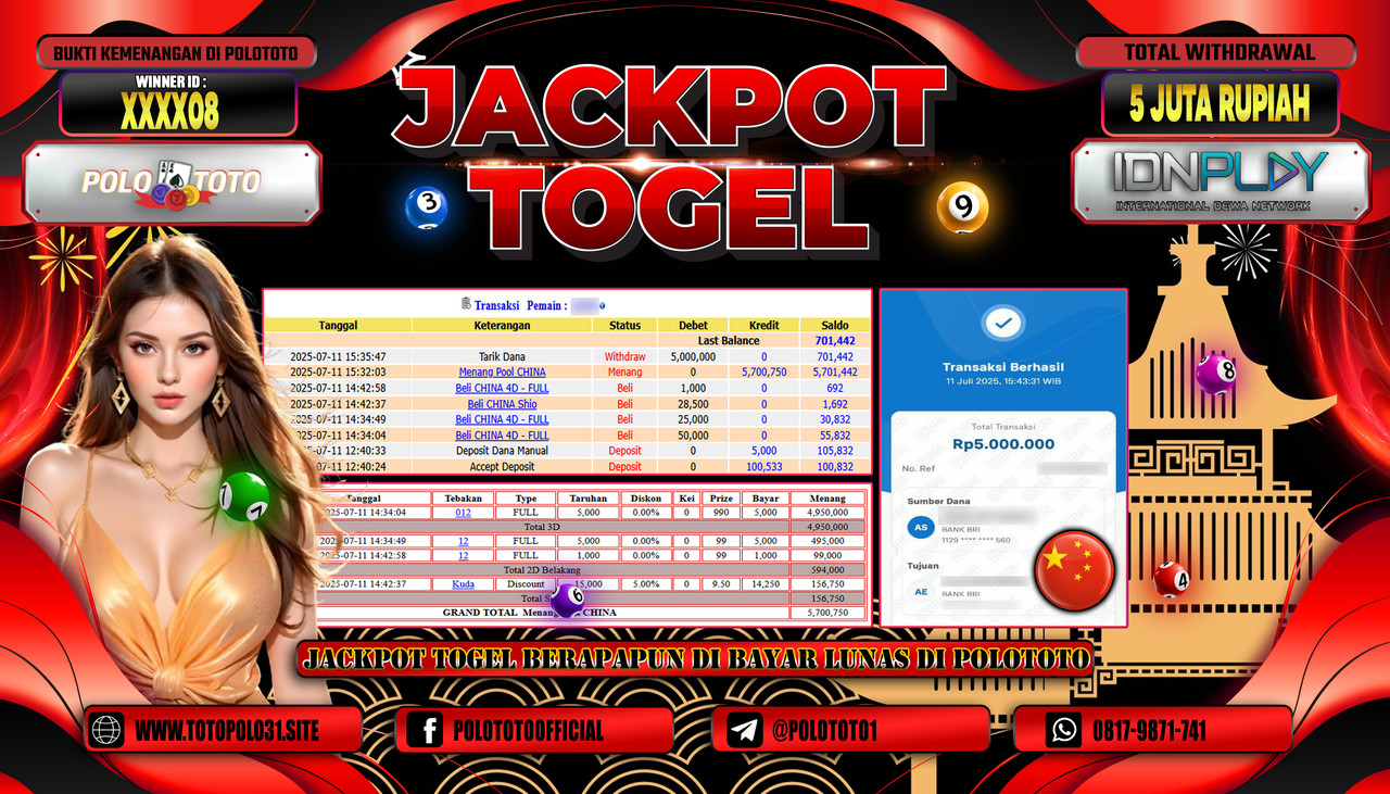 POLOTOTO JACKPOT TOGEL POOL CHINA Rp.5.000.000,- LUNAS
