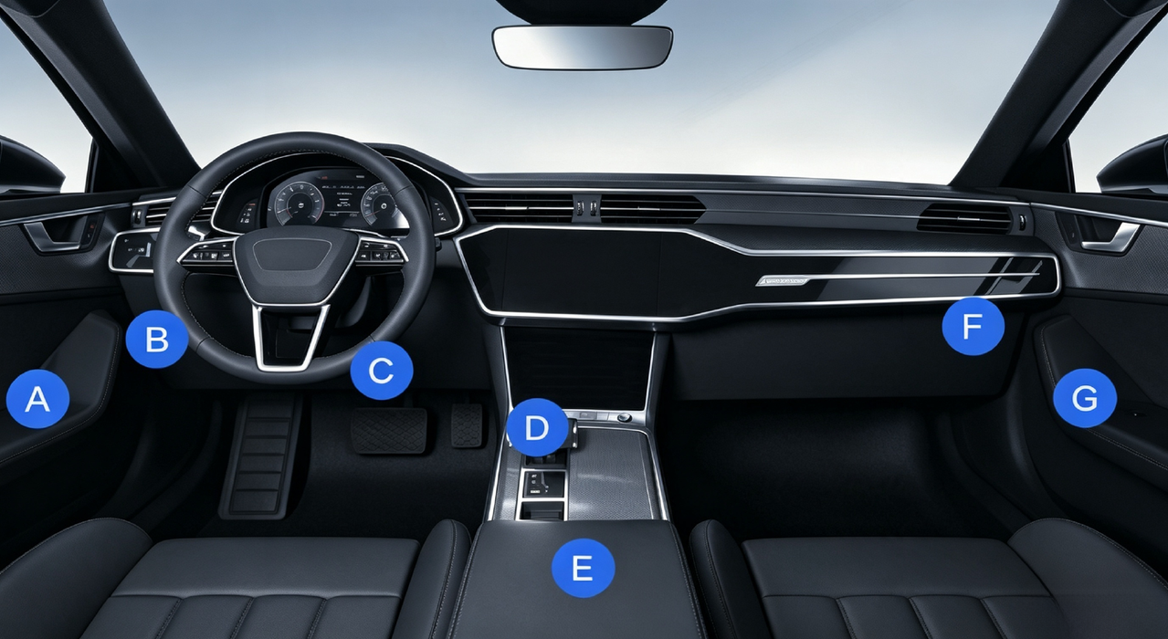 Diagram of common OBD2 port locations in a car cabin with labeled points from A to G