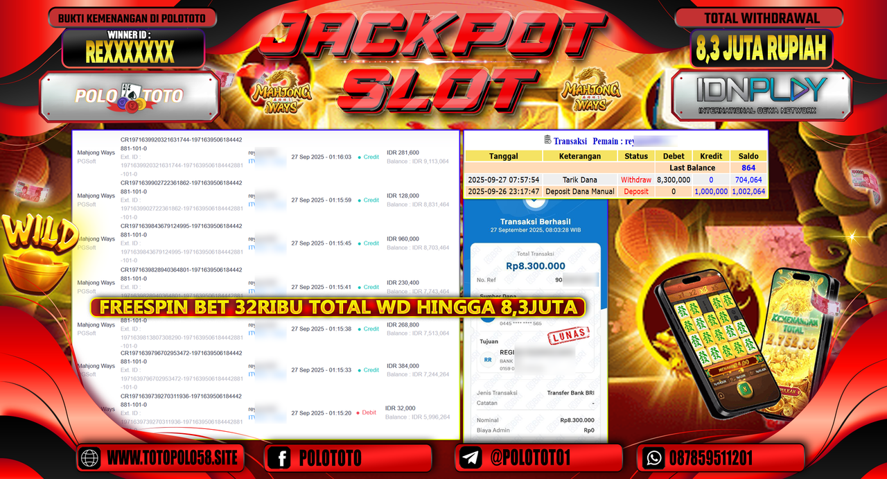 POLOTOTO JACKPOT SLOT MAHJONG WAYS Rp.8.300.000,- LUNAS