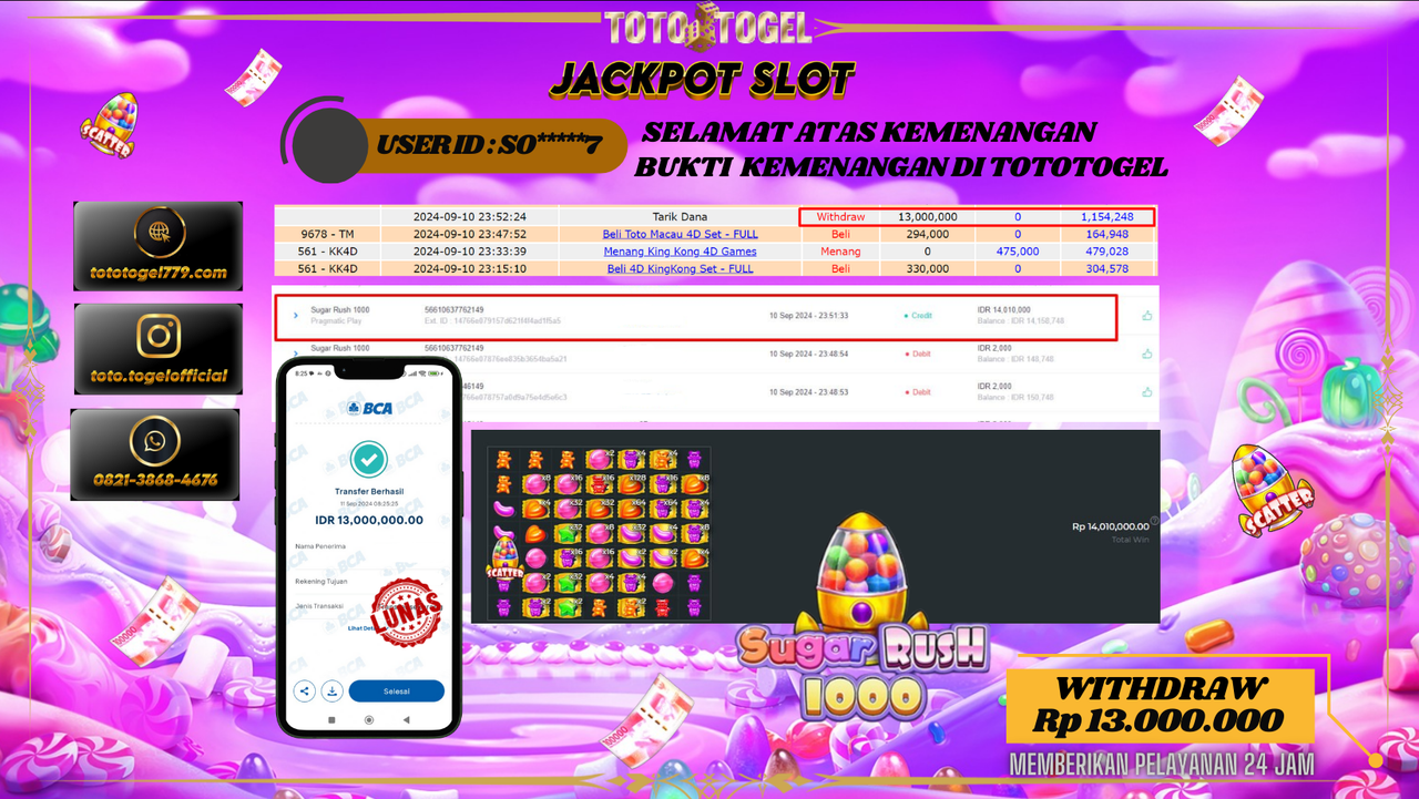 Bukti Kemenangan Permainan Slot Sugar Rush 1000 Dengan ID : SO***7 Terbayar Lunas!!