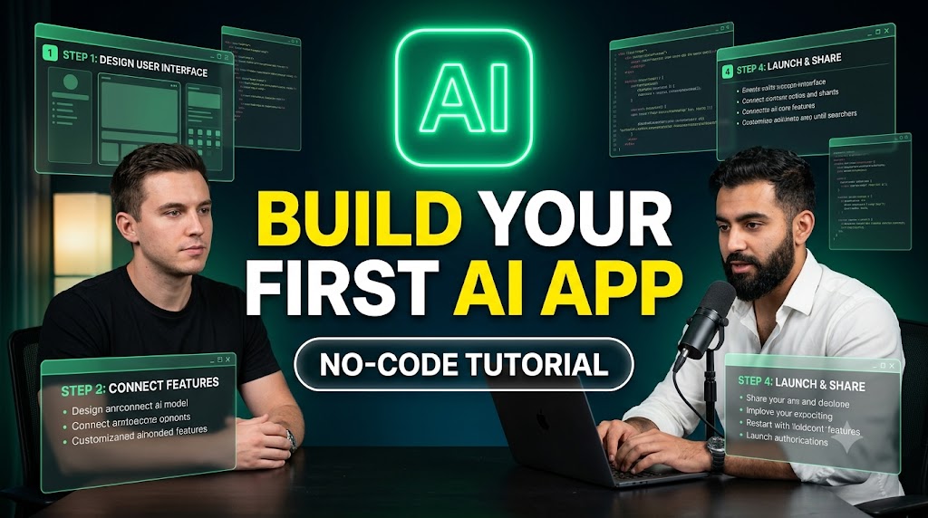 AI-generated example result for the youtube-thumbnail prompt: Build Your First AI App Thumbnail – No-Code Tutorial Design AI YouTube Thumbnail Prompt