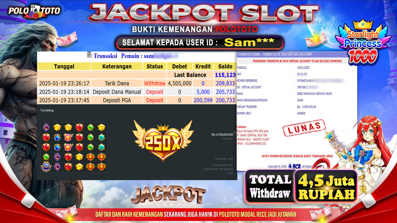 POLOTOTO JACKPOT SLOT STARLIGHT PRINCESS 1000 Rp.4,505.000,-