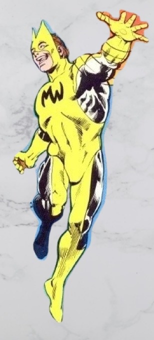 Flying man in yellow costume with emblem of MW on his chest