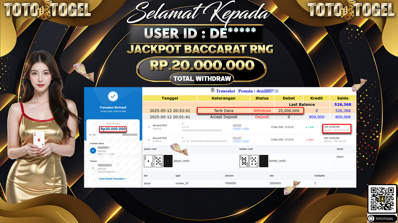 Bukti Pembayaran Jackpot  Permainan Arcade Baccarat Rng ID:DE***** LUNAS