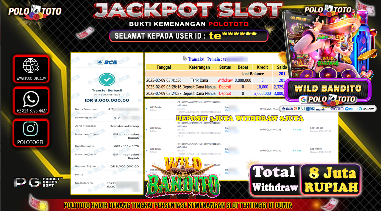 POLOTOTO JACKPOT SLOT WILD BANDITO Rp.8,000.000,-