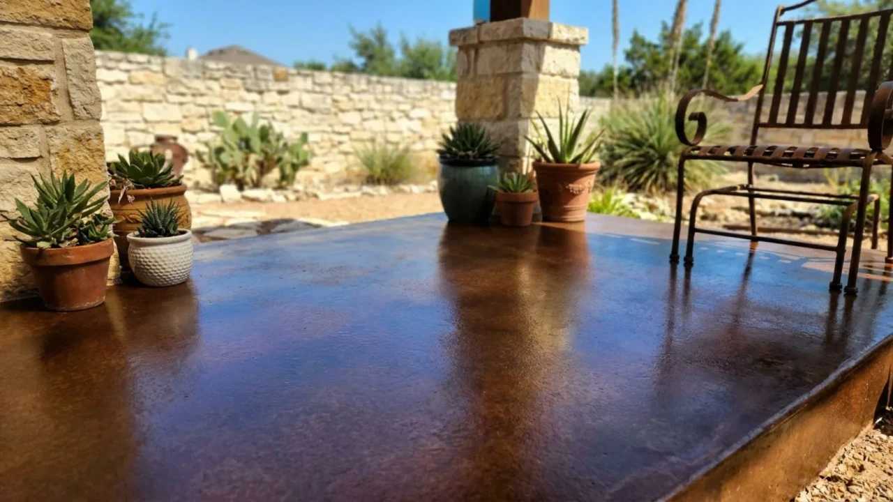 Freshly sealed stained concrete patio in San Antonio under direct Texas summer sun  quality sealer protects the color from UV fading and keeps the finish from going chalky between refreshes