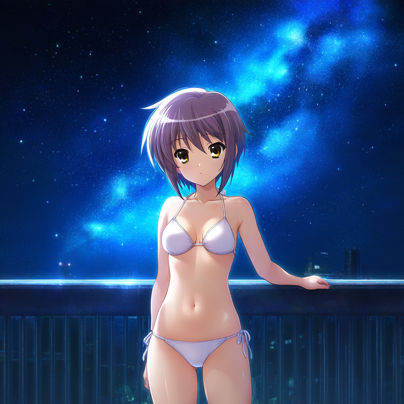 1girl, nagato yuki (suzumiya haruhi no yuuutsu),  Leaning on a rooftop railing,  s-445325180