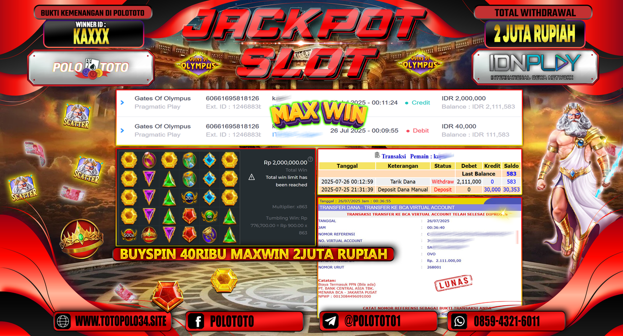 POLOTOTO JACKPOT SLOT GATES OF OLYMPUS Rp.2.000.000,-LUNAS