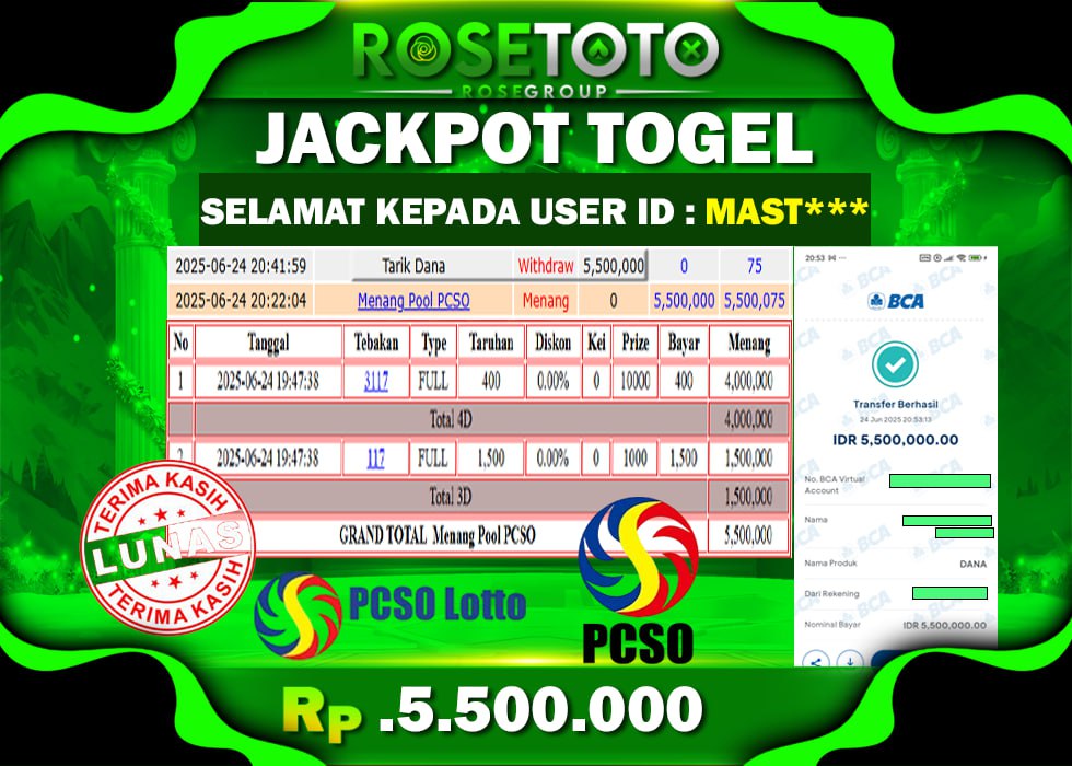 ROSETOTO JACKPOT TOGEL PCSO Rp.5.500.000.,- LUNAS