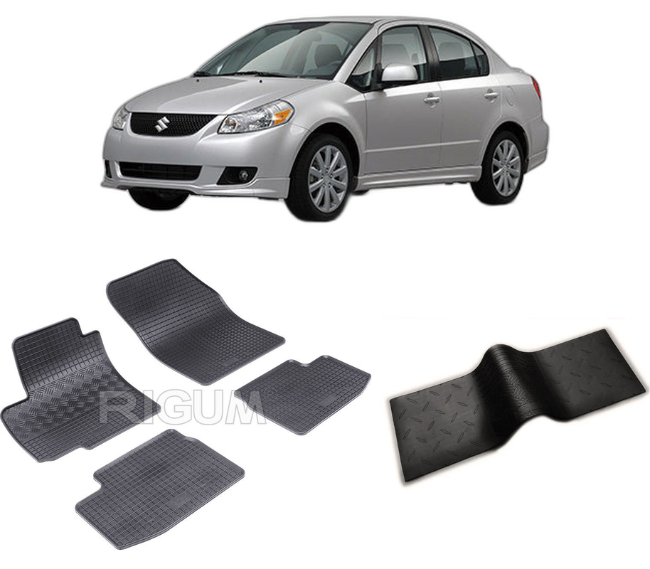Set covorase auto SUZUKI SX4 din 2007-08.2013, cu covoras tunel median, CAROSERIE SEDAN, Presuri cauciuc 100%, compatibil cu autoturismul SUZUKI SX4, Rigum