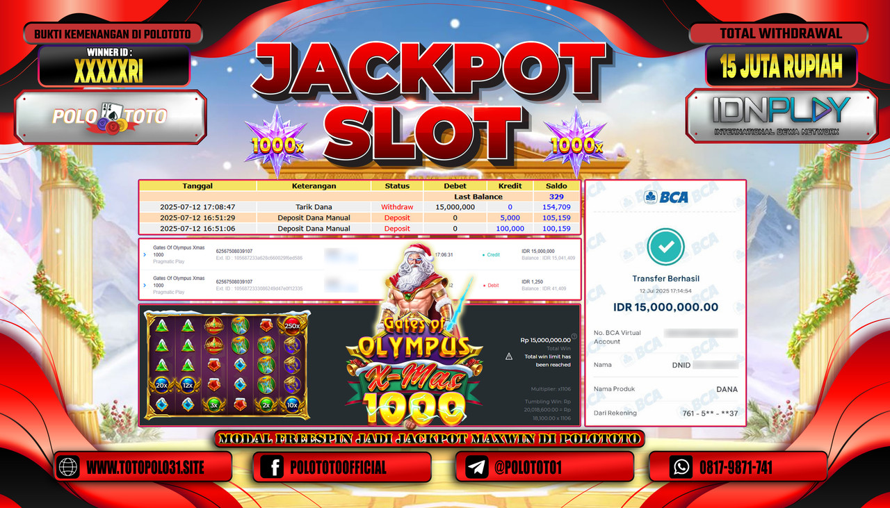 POLOTOTO JACKPOT SLOT GATES OF OLYMPUS XMAS 1000 Rp.15.000.000,- LUNAS