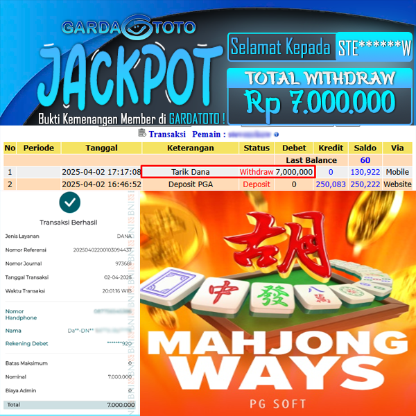 JACKPOT SLOT MAIN DI SLOT MAHJONG WAYS WD Rp 7.000.000,- DIBAYAR LUNAS GARDATOTO MANTAP !