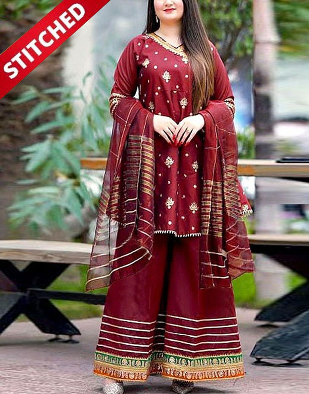 Ready-to-Wear Angrakha Style Embroidered Raw Silk Party Wear Red Dress