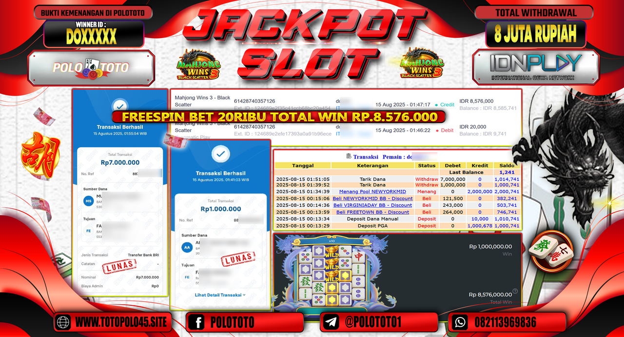 POLOTOTO JACKPOT SLOT MAHJONG WINS 3 - BLACK SCATTER Rp.8.000.000,-LUNAS