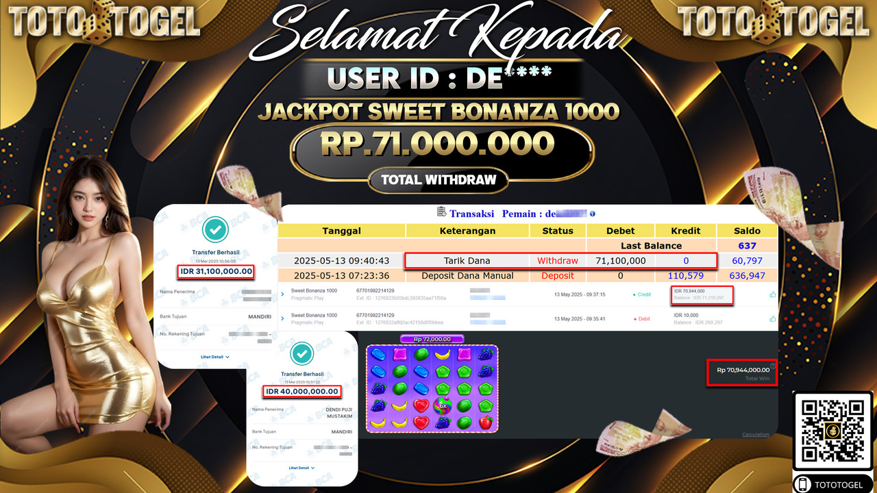 Bukti Pembayaran Jackpot  Permainan Slot Sweet Bonanza 1000  ID:DE***** LUNAS