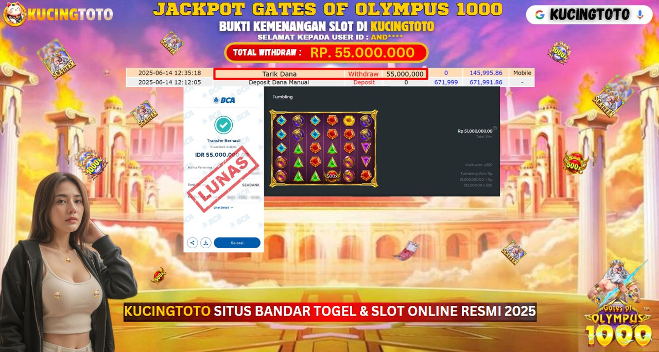 KUCINGTOTO JACKPOT SLOT GATES OF OLYMPUS 1000 RP.55.000.000.,- LUNAS