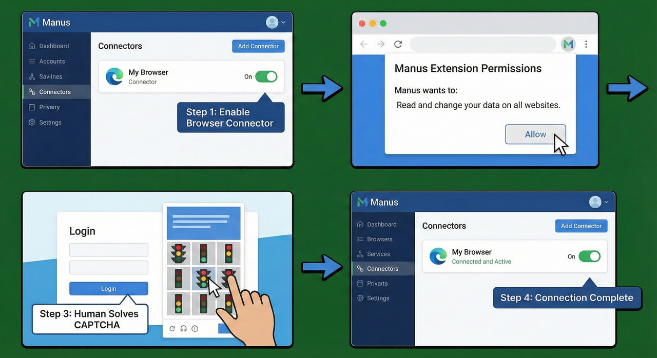 UI walkthrough of Manus AI dashboard and Chrome extension setup for My Browser operator
