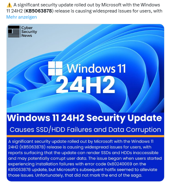 Windows 11 24H2: SSD-Probleme mit Update Update KB5063878