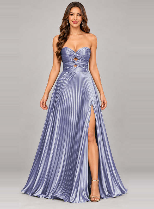 A-Line Pleated Satin Strapless Sweetheart Prom Dress with Side Slit and Lace-Up Back