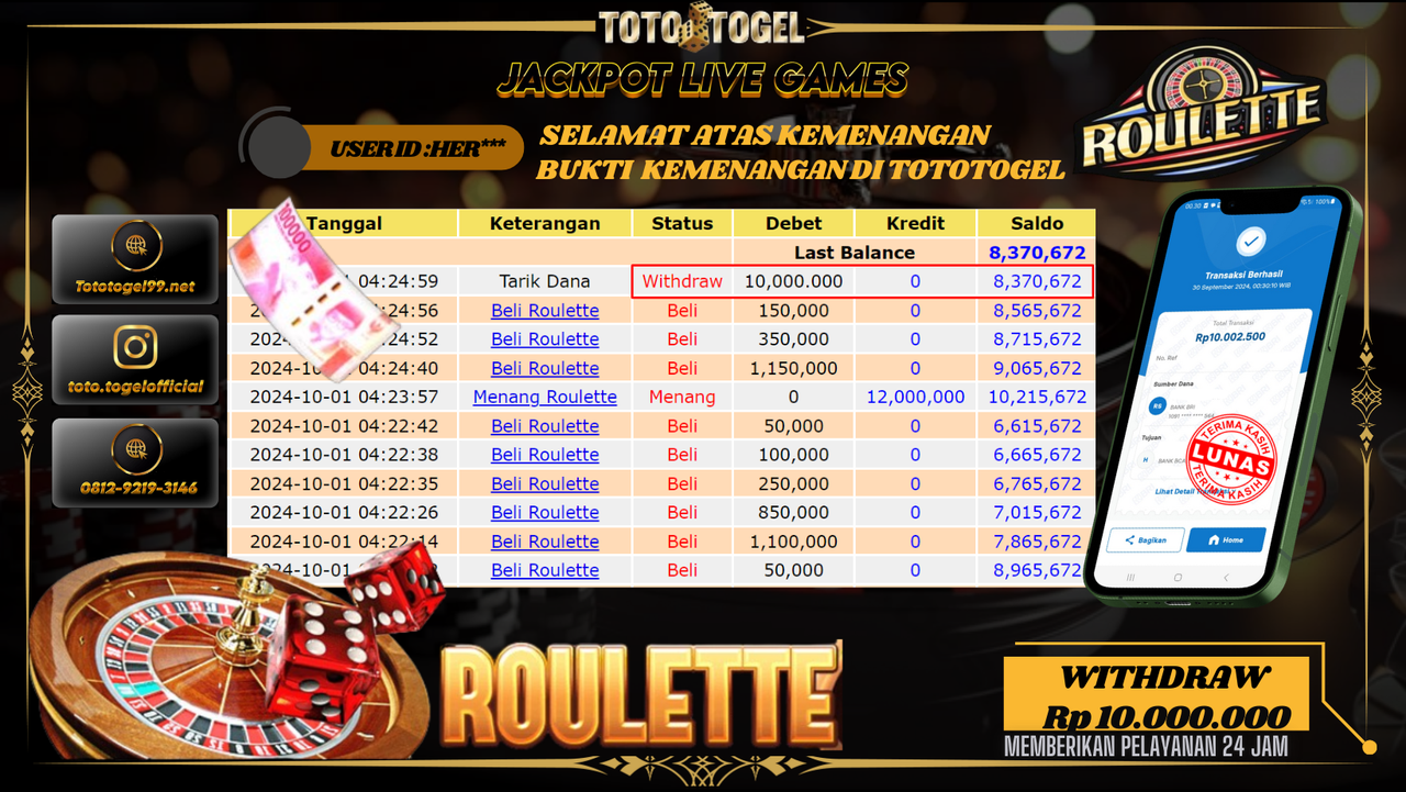 Bukti Kemenangan Permainan Jackpot Live Games Roulette   ID : HER** Terbayar Lunas!!