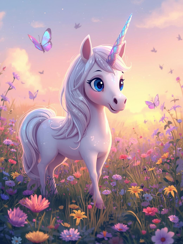 Cartoon unicorn in meadow