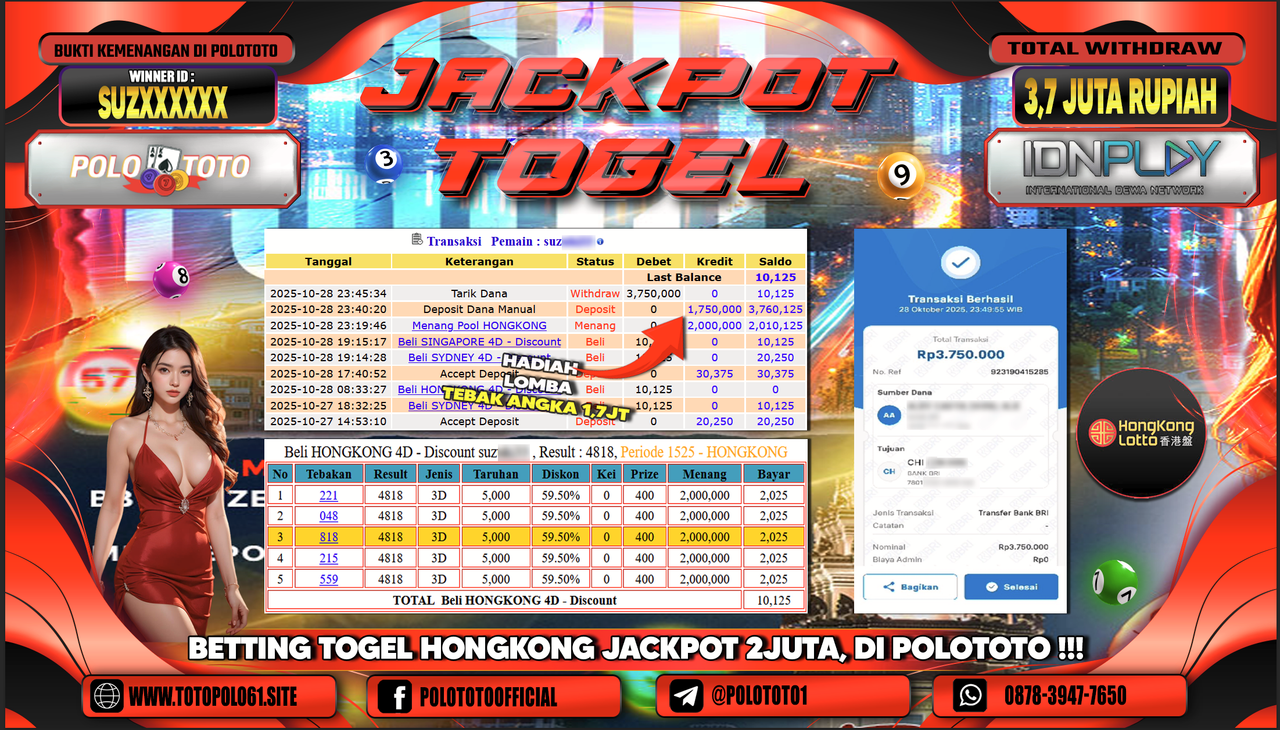 POLOTOTO JACKPOT MENANG TOGEL HONGKONG LOTTO Rp.3.700.000,- LUNAS