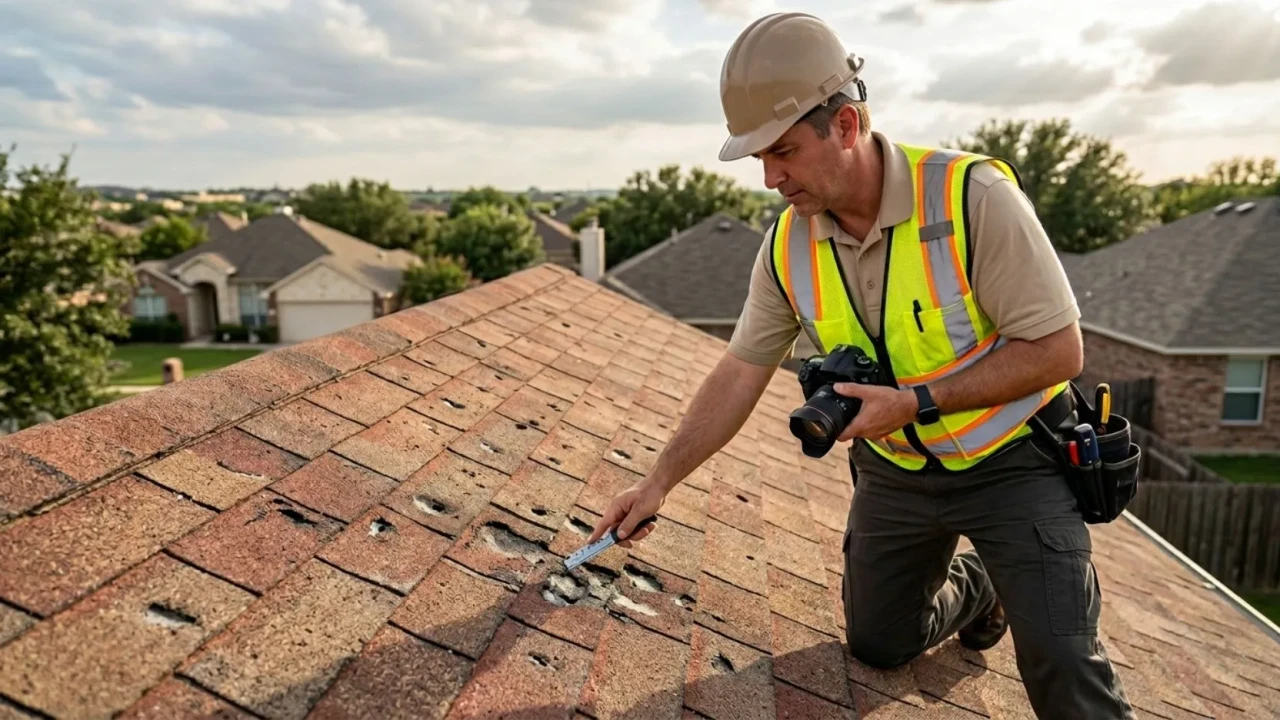 Insurance adjuster inspecting a 15-year-old roof in San Antonio after a hailstorm
