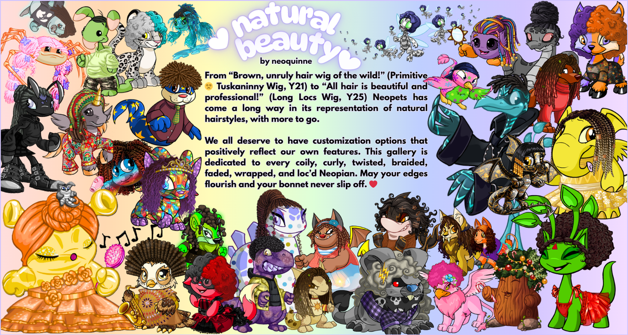 colorful banner featuring many different species and colors of neopets all wearing various naturally textured hair wigs