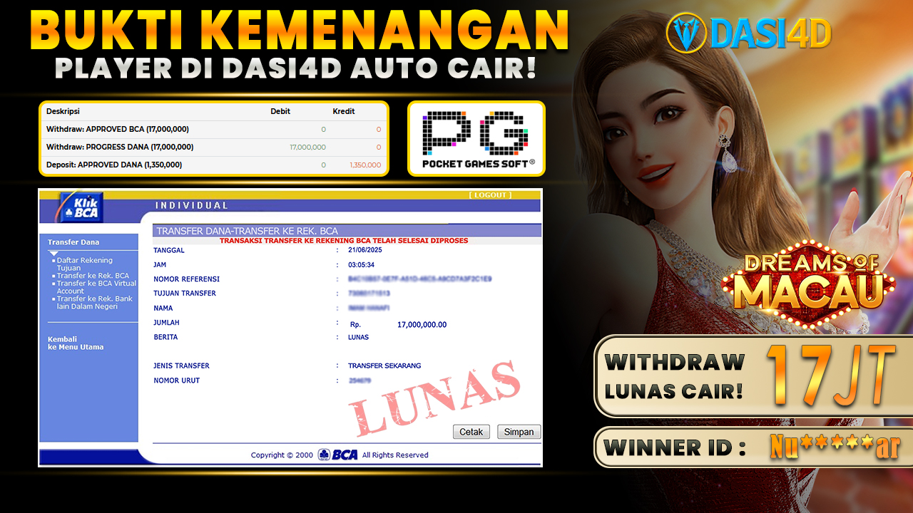 BUKTI KEMENANGAN 21 JUNI 2025 DI DREAMS OF MACAU WD 17 JUTA
