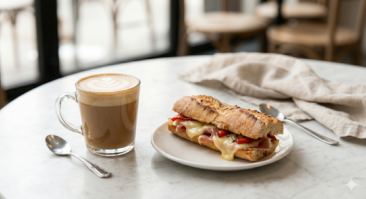 Bocadillo Caliente Y Café Con Leche (150 Ml. A 200 Ml. Aprox.)