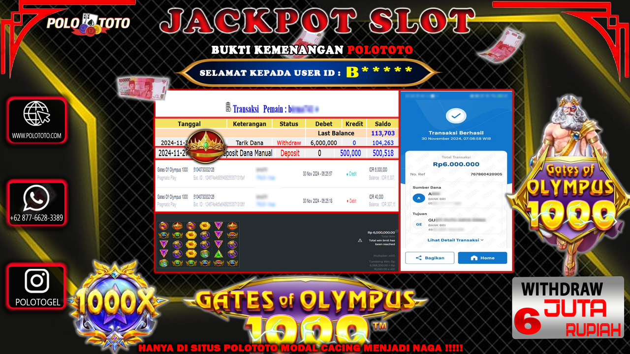 POLOTOTO JACKPOT SLOT GATES OF OLYMPUS 1000 Rp.6,000.000,-