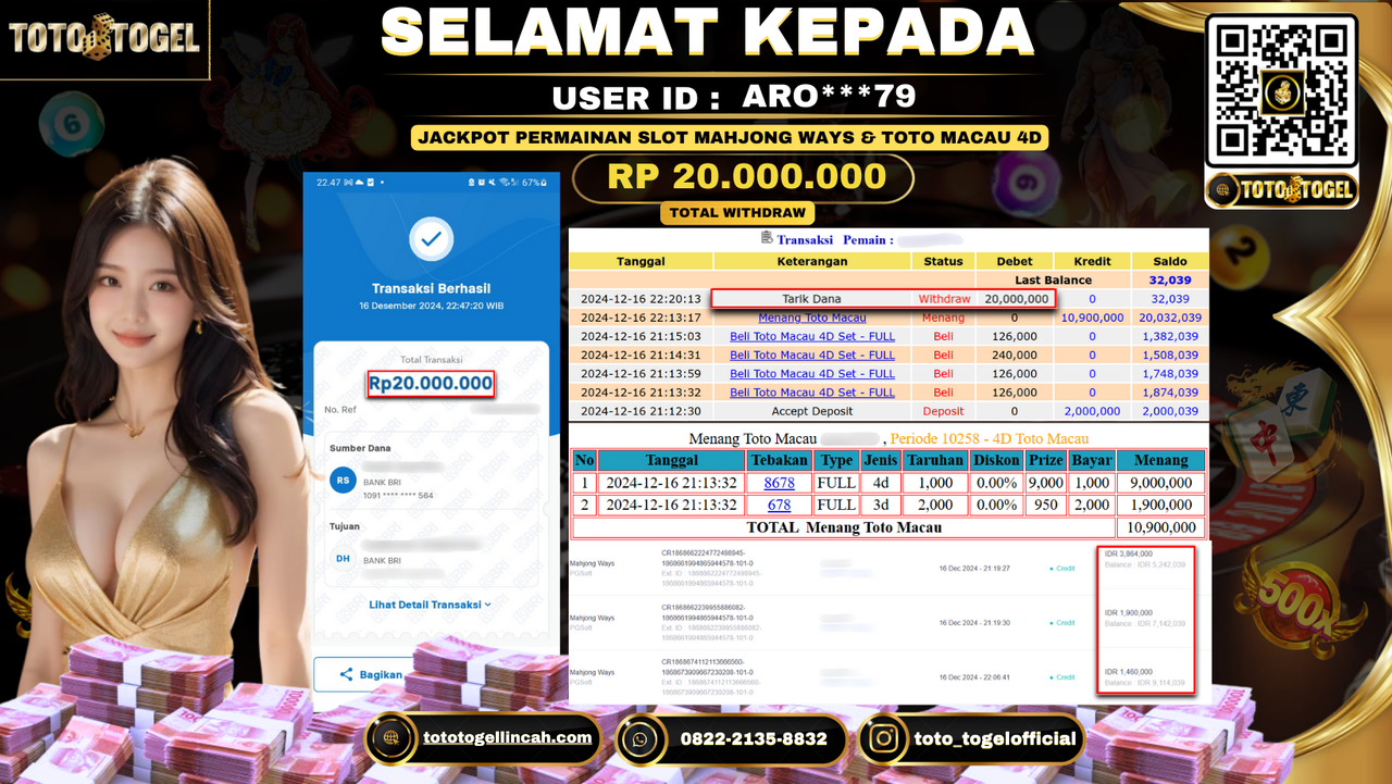 Bukti Pembayaran Jackpot Permainan Live Game Sicbo [Dice] ID: ARO***79 LUNAS