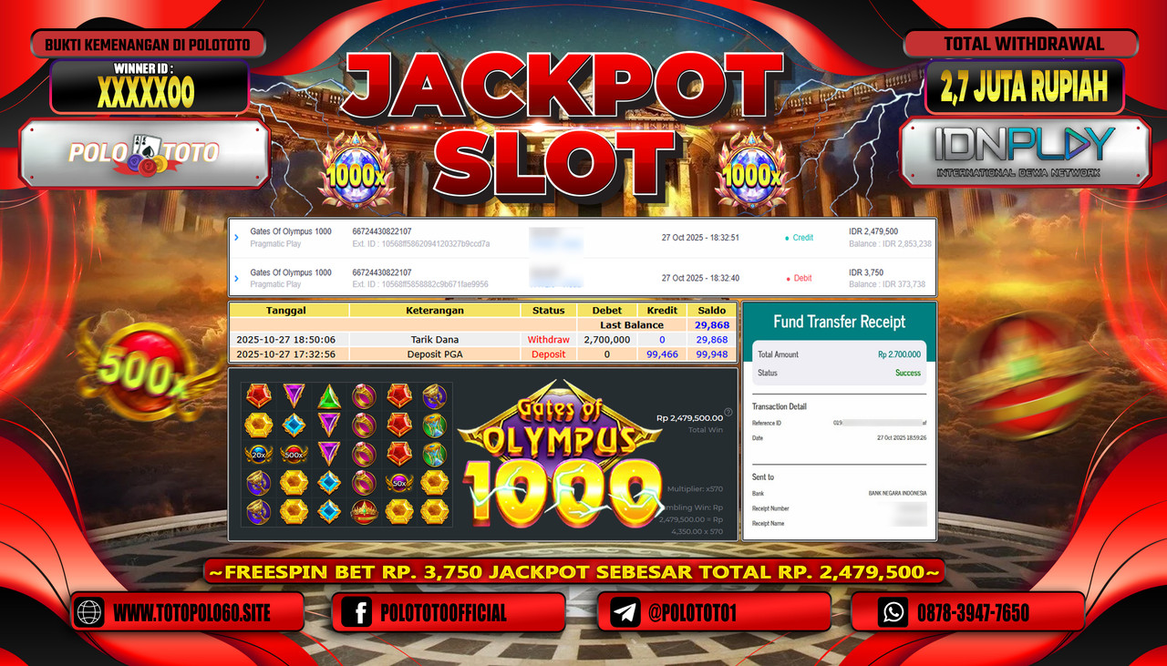 POLOTOTO JACKPOT SLOT GATES OF OLYMPUS 1000 Rp.2.700.000,- LUNAS