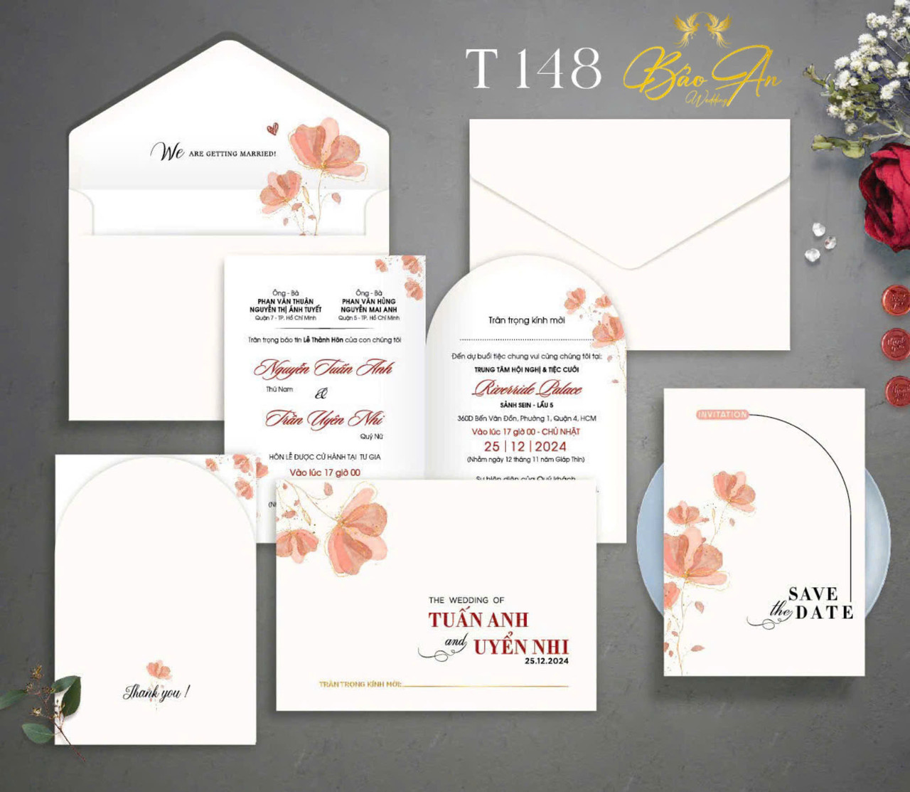 Thiệp tone be có hoa đơn giản (T148)