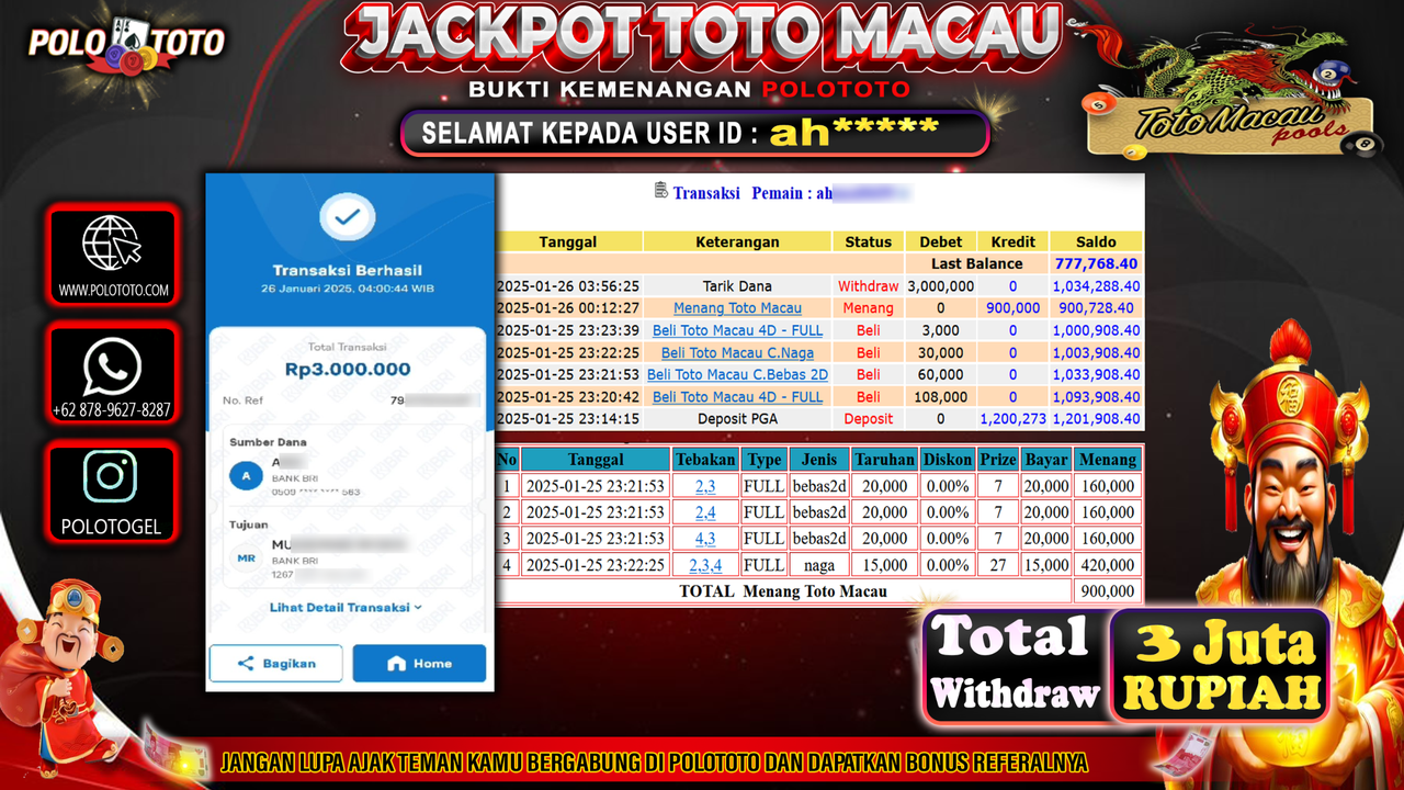 POLOTOTO JACKPOT TOGEL TOTO MACAU Rp.3,000.000,-