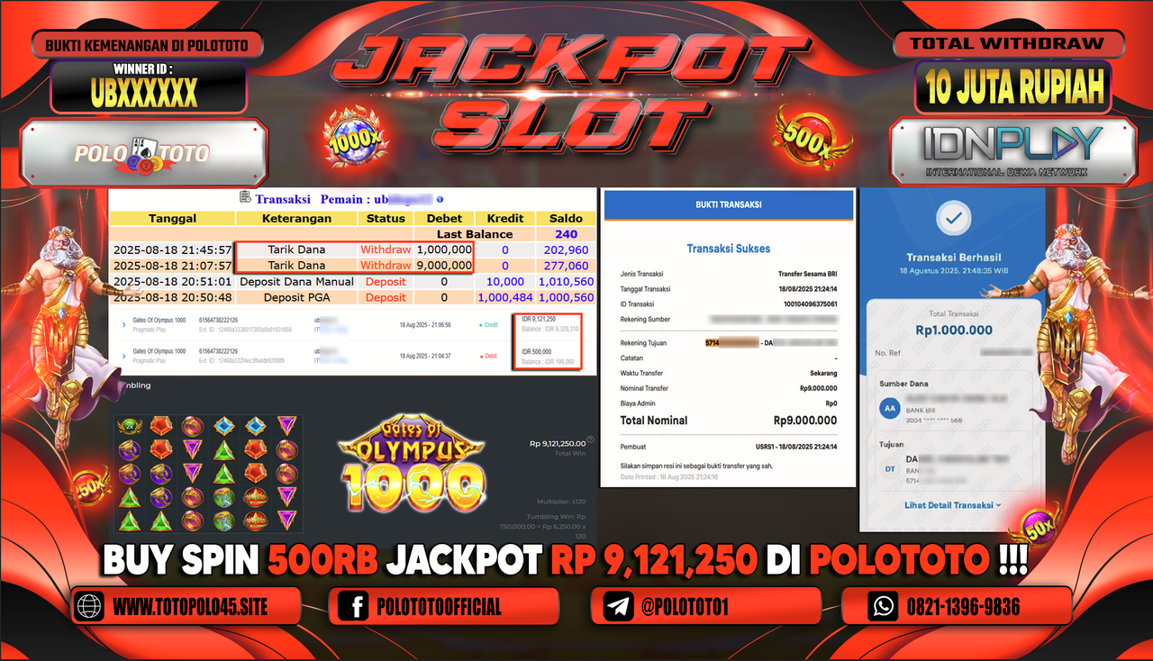 POLOTOTO JACKPOT SLOT GATES OF OLYMPUS 1000 Rp.10.000.000,-