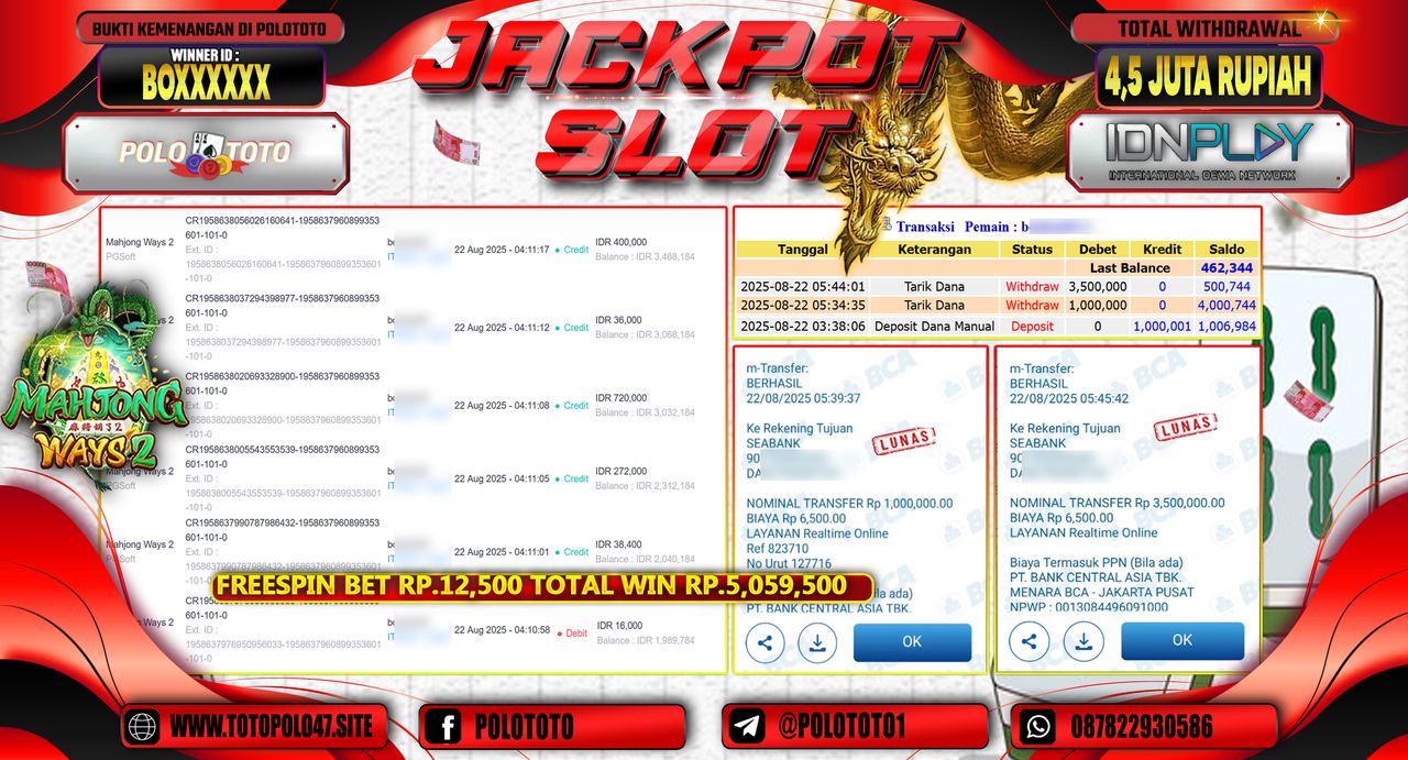 POLOTOTO JACKPOT SLOT MAHJONG WAYS 2 Rp.4.500.000,-