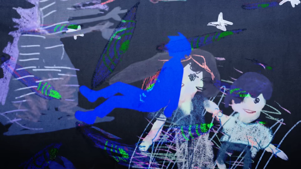 A screenshot from Weakness, showing a silhouette of Haruka against a background of crude, childish drawings. These are presumed to be his.