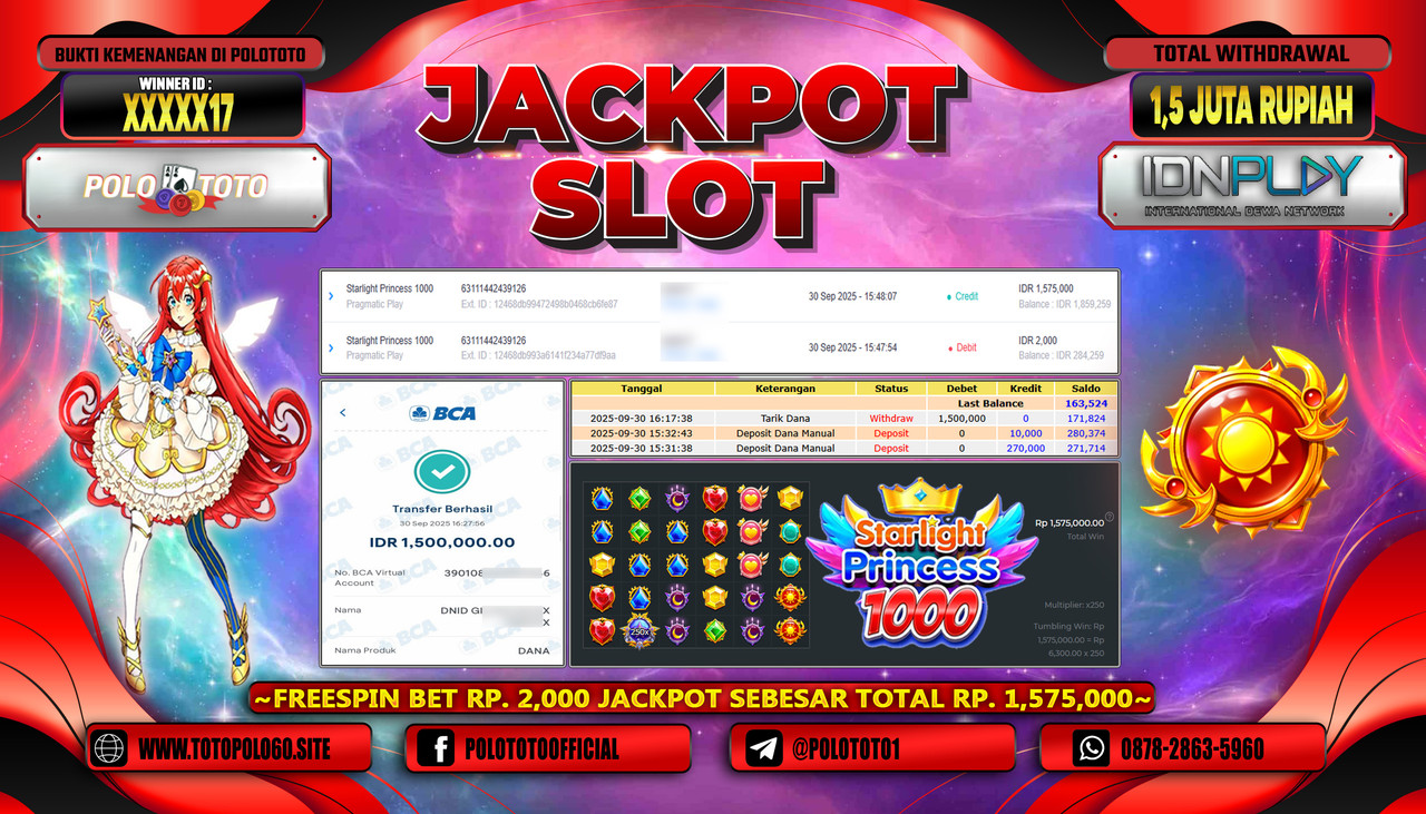 POLOTOTO JACKPOT SLOT STARLIGHT PRINCESS 1000 Rp.1.500.000,- LUNAS